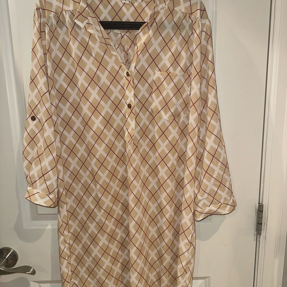 Cream and Brown Plaid Tunic Top